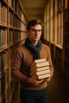 Graduate Student Holding Books in Library Corridor Surrounded by Shelves, Studious Environment for Academic Research and Learning, Warm Lighting and Focused Expression photo