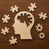 Concept Image of Mental Exhaustion and Brain Fatigue With Head Silhouette and Puzzle Pieces on Wood Background Highlighting Concentration Problems photo