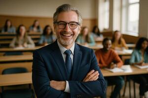 Confident Professor in Sharp Suit Smiling in Front of Engaged Students in Lecture Hall, Academic Setting with Educational Ambiance and Diverse Group of Young Adults photo