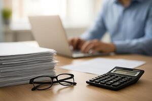 Stack of Paperwork, Calculator, and Glasses on Desk During Tax Season for Financial Planning and Office Work photo