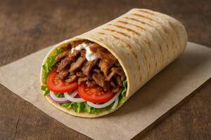 Delicious Grilled Kebab Wrap with Fresh Vegetables and Sauce on Rustic Wooden Table photo