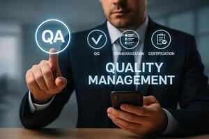 Business Professional Using Technology for Quality Assurance and Process Automation Displaying Digital Interface and Management Concepts photo