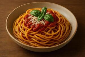 Delicious Pasta Dish with Rich Tomato Sauce Garnished with Fresh Basil and Grated Cheese in Rustic Bowl for Cozy Comfort Food Concept photo