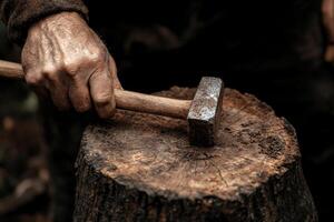 A man is using an axe to cut wood photo
