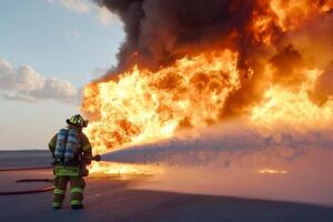A firefighter is standing in front of a large fire photo