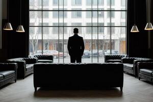 A man stands in front of a large window in a hotel lobby photo