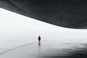 A person in a red coat stands under a large structure photo