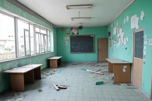 An empty classroom with desks and chalkboards photo