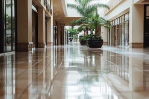 A long hallway with palm trees and a large building photo