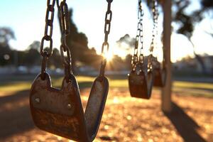 A swing hanging from a chain with a sun setting behind it photo