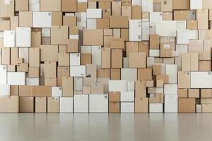 A large wall of boxes in an empty room photo