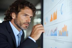 A man in a suit looking at a screen with graphs photo