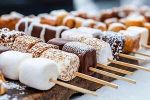 A wooden tray with many different types of marshmallows photo