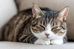 A cat is resting on a couch photo