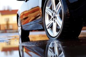 A car is reflected in a puddle on the ground photo
