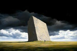 A painting of a large stone in the middle of a field photo