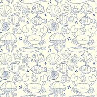 Seamless pattern with hand drawn doodles of marine animals and plants vector