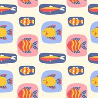 Seamless pattern with colourful hand-drawn fishes vector