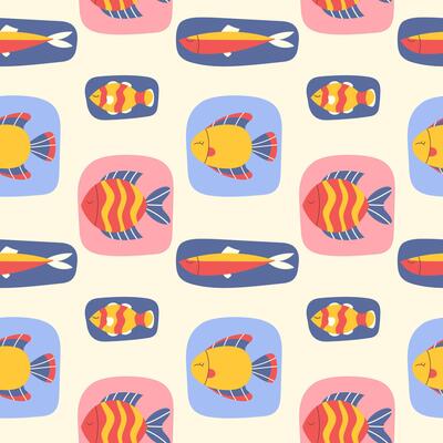 Seamless pattern with colourful hand-drawn fishes
