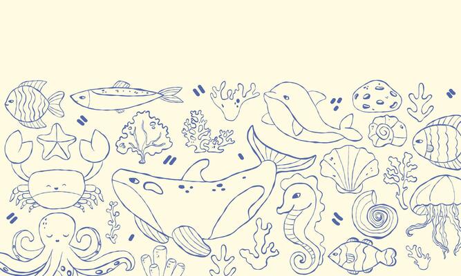 Horizontal template with hand drawn light coloured doodle marine animals, plants