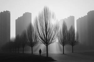 A person walking through a park with trees in the background photo