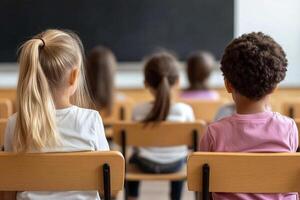 Children sitting in front of a blackboard in a classroom photo