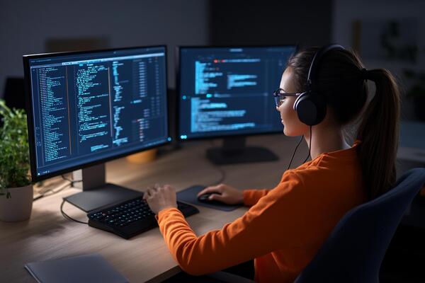 A woman wearing headphones and sitting at a desk with two computer screens