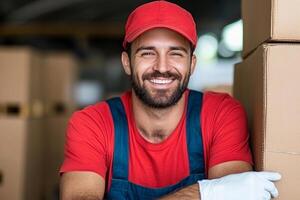 A smiling man in a red hat and overalls is standing in front of boxes photo