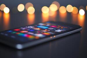 A smartphone is sitting on a table with a lit background photo