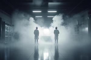 Two men in a factory with smoke coming out of the ceiling photo