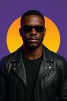 Portrait of African American Man in Sunglasses and Leather Jacket Against Purple Background with Sunset Gradient Circle photo