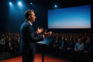 Professional Speaker Engaging Audience on Stage with Bright Spotlights and Large Screen in Event Setting photo