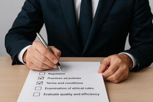Businessman Checking Steps on Document with Checkboxes for Regulation, Practices, Terms, Conditions, Ethical Rules, Quality, and Efficiency Evaluation photo