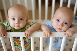 Two babies in a crib looking over the rail photo