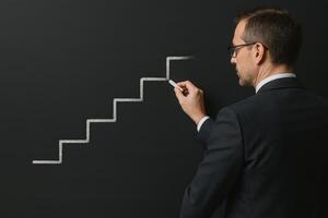 Businessman Drawing Steps to Success on Chalkboard in Modern Office Setting photo