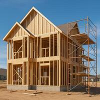 Residential New House Construction Site with Wood Framing in Progress Under Blue Sky Showing Scaffolding photo