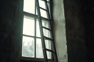 A ladder is sitting next to a window in an old building photo