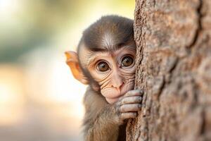 A monkey peeking out from behind a tree photo