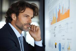 A man in a suit is looking at a screen with graphs photo