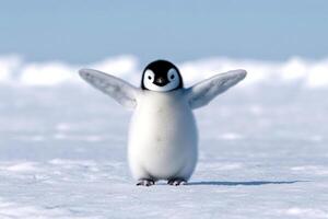 A penguin standing on the snow with its arms outstretched photo
