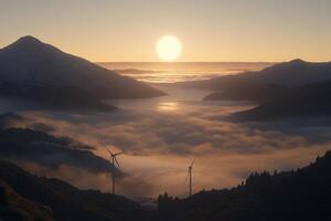 A view of wind turbines in the mountains at sunset photo