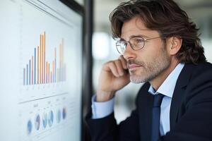 A man in a suit and glasses looking at a chart on a monitor photo