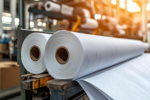 Rolls of paper on a table in a factory photo