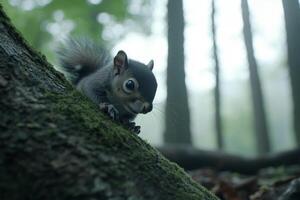 A squirrel is sitting on a tree trunk in the woods photo