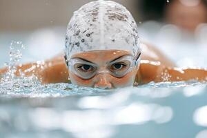 un nadador en un piscina con gafas de protección y un gorra foto