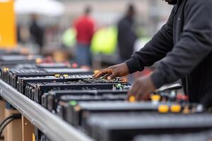 A man is working on a mixer at a music festival photo