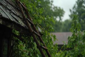 A ladder is leaning against a tree in the rain photo