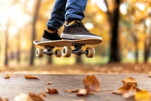 Skateboarder in the air on a wooden surface photo