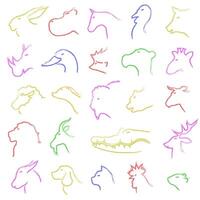 Set of profiles of different animals and birds. Animals in profile. Animal profiles with colored strokes. vector