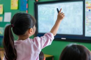 A little girl is pointing at a white board photo